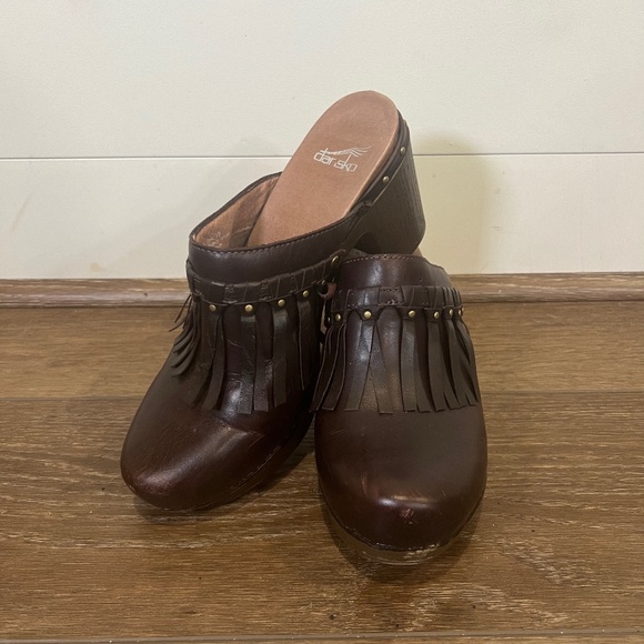 Dansko Shoes - Dansko Deni Leather Women's Platform Heeled Fringe Studded Clogs Brown Size 40
